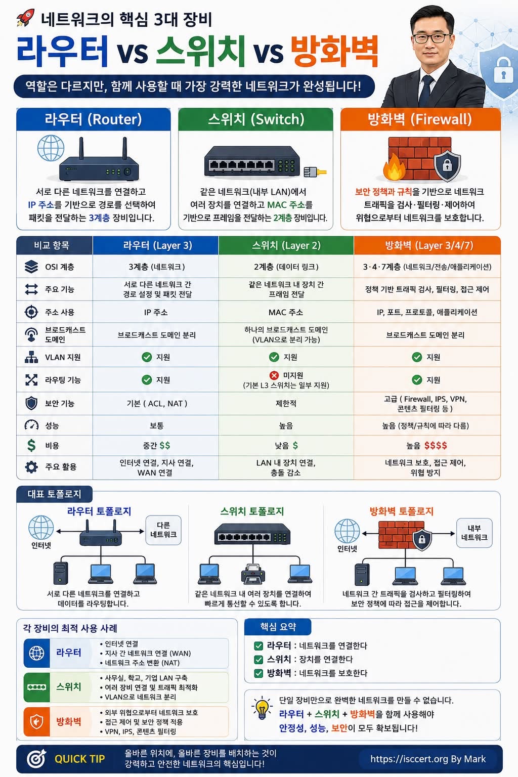 라우터(Router), 스위치(Switch), 방화벽(Firewall). 인포그래픽